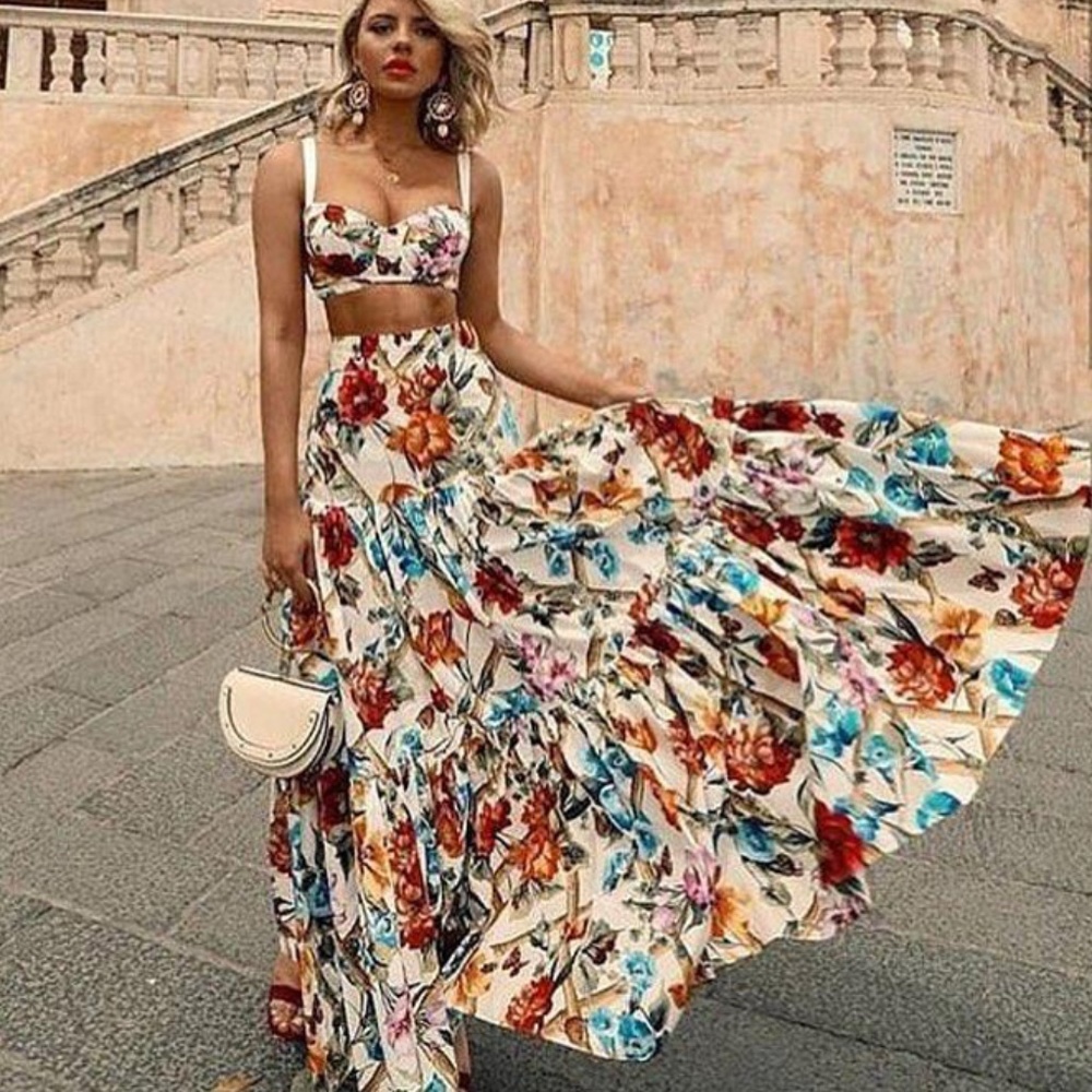 Boho gypsy floral print crop top maxi skirt set